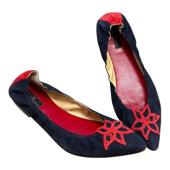CAROLINA HERRERA Navy Blue Suede with Red Leather Pointy Ballet Flats - Picture 10 of 11
